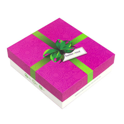 Luxury Pink White Holiday Gift Paper Lid And Base Gift Box With Green Ribbon
