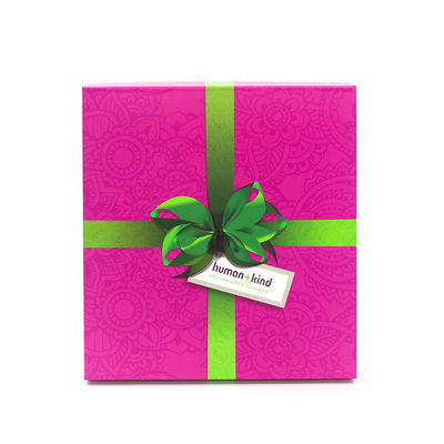 Luxury Pink White Holiday Gift Paper Lid And Base Gift Box With Green Ribbon